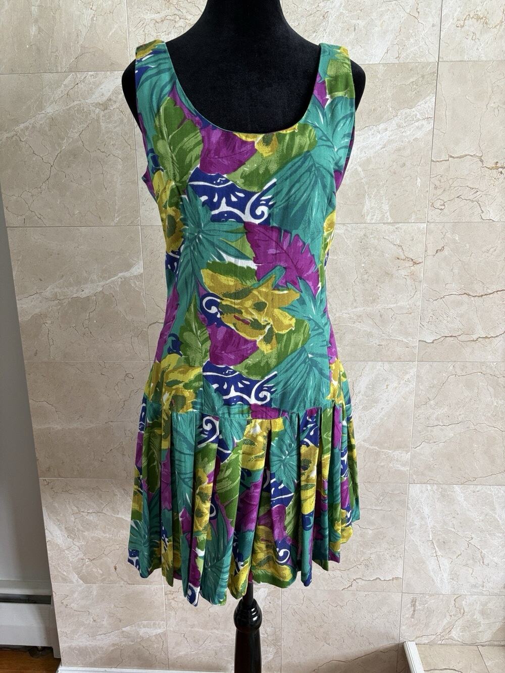 VTG 80s S. Roberts Tropical Culotte Romper — Small Green Purple Rayon Vacation